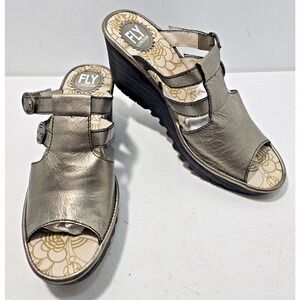 Fly London Yawe Wedge Slide Platform Sandals Metallic Sz 40